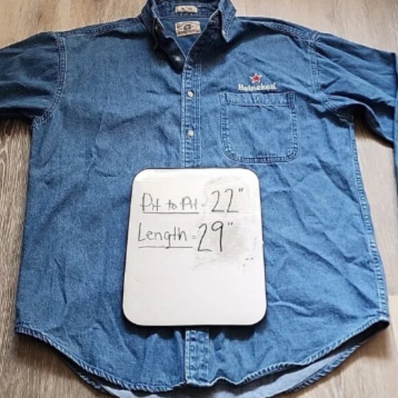 Rare VINTAGE Heineken Embroidered Denim Long Sleeve Cotton Button-Up Shirt Sz M - Picture 7 of 12